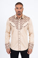 Mens Embroidery Modern Fit Stretch Khaki Long Sleeve Shirt