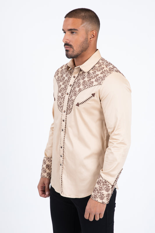 khaki damask embroidery long sleeve shirt men platini detail-3
