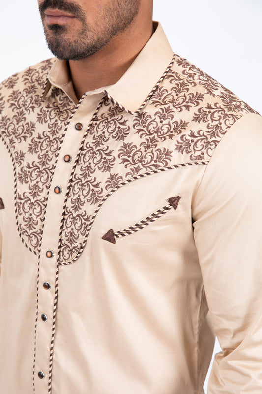 khaki damask embroidery long sleeve shirt men platini detail