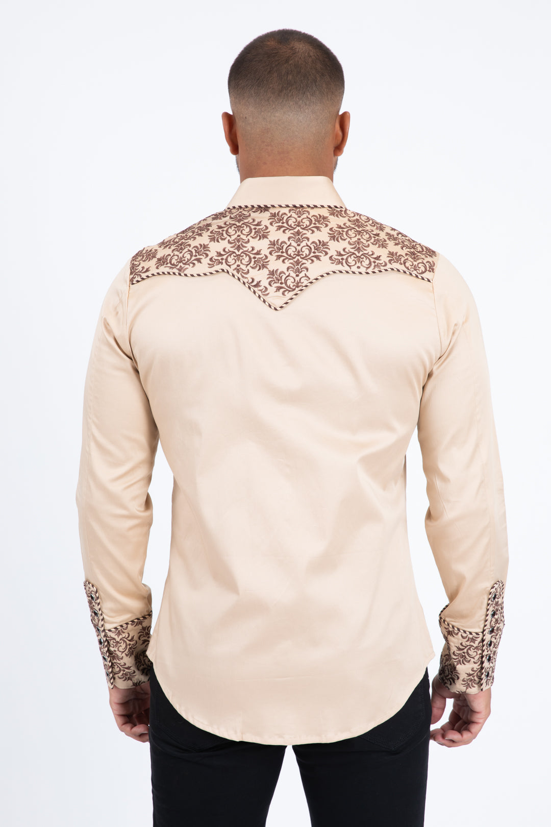 Khaki Embroidery Modern Fit Stretch Long Sleeve Shirt Men