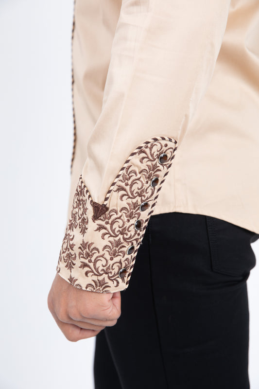 khaki damask embroidery long sleeve shirt men platini detail-2