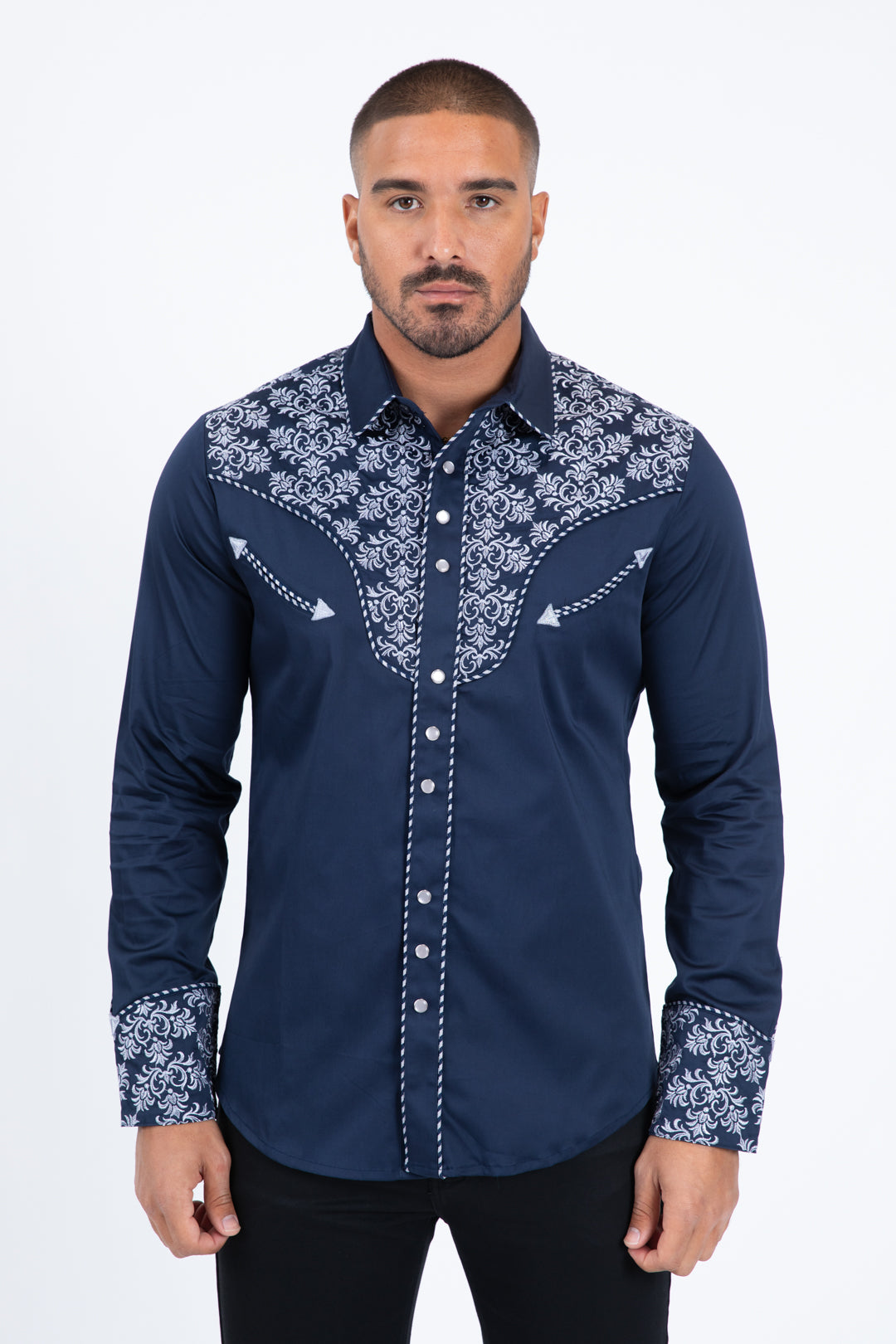 Navy Embroidery Modern Fit Stretch Long Sleeve Shirt Men