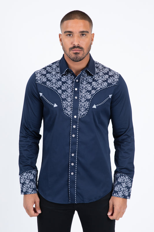 Navy Embroidery Modern Fit Stretch Long Sleeve Shirt Men