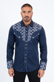 Mens Embroidery Modern Fit Stretch Navy Long Sleeve Shirt