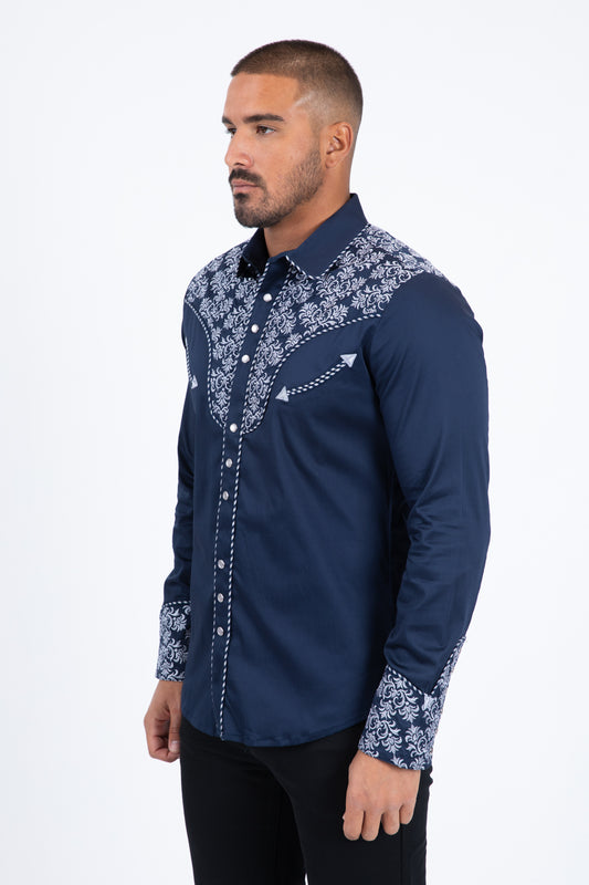 navy damask embroidery long sleeve shirt men platini detail-3
