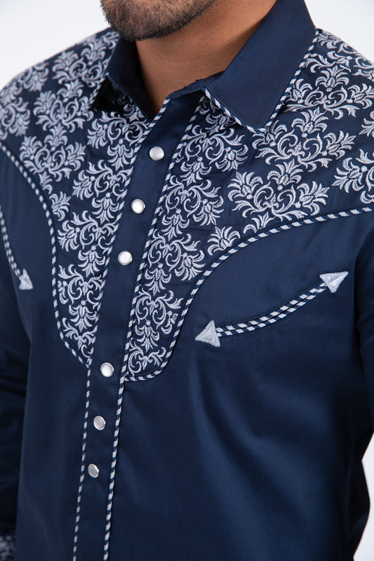 navy damask embroidery long sleeve shirt men platini detail