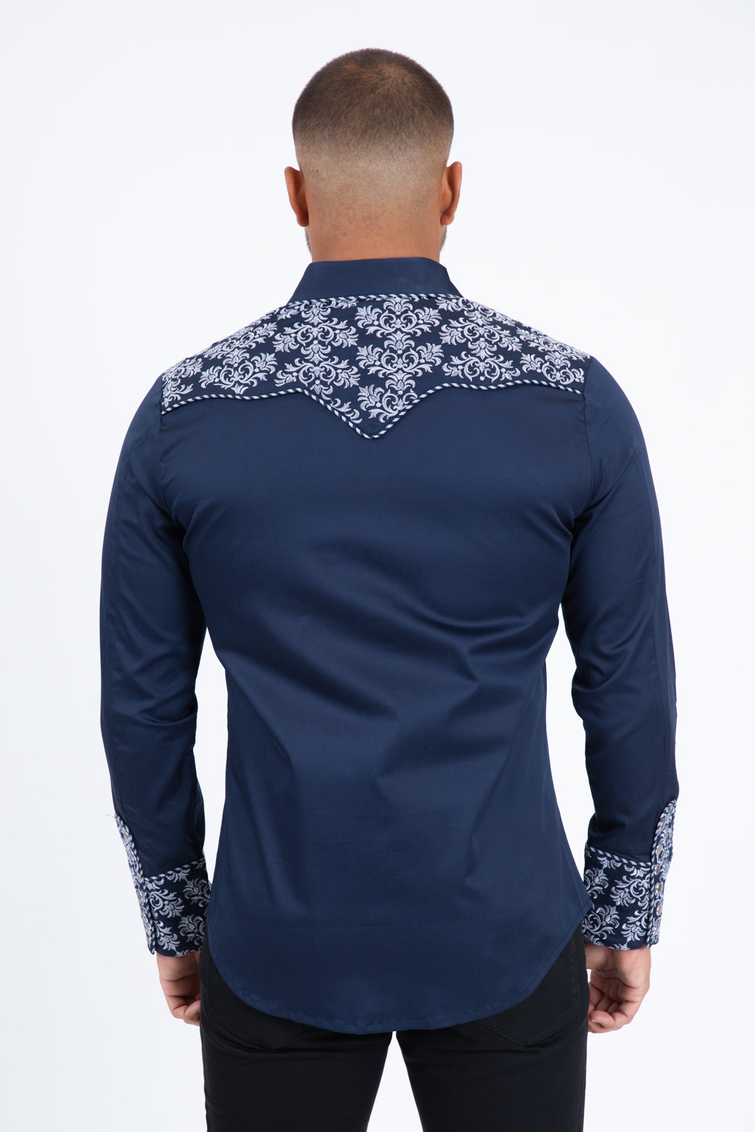 Navy Embroidery Modern Fit Stretch Long Sleeve Shirt Men