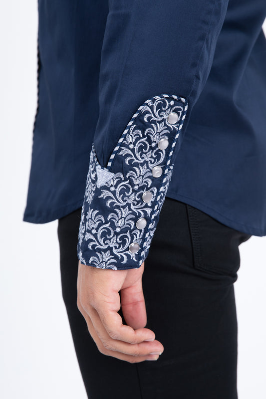 navy damask embroidery long sleeve shirt men platini detail-2