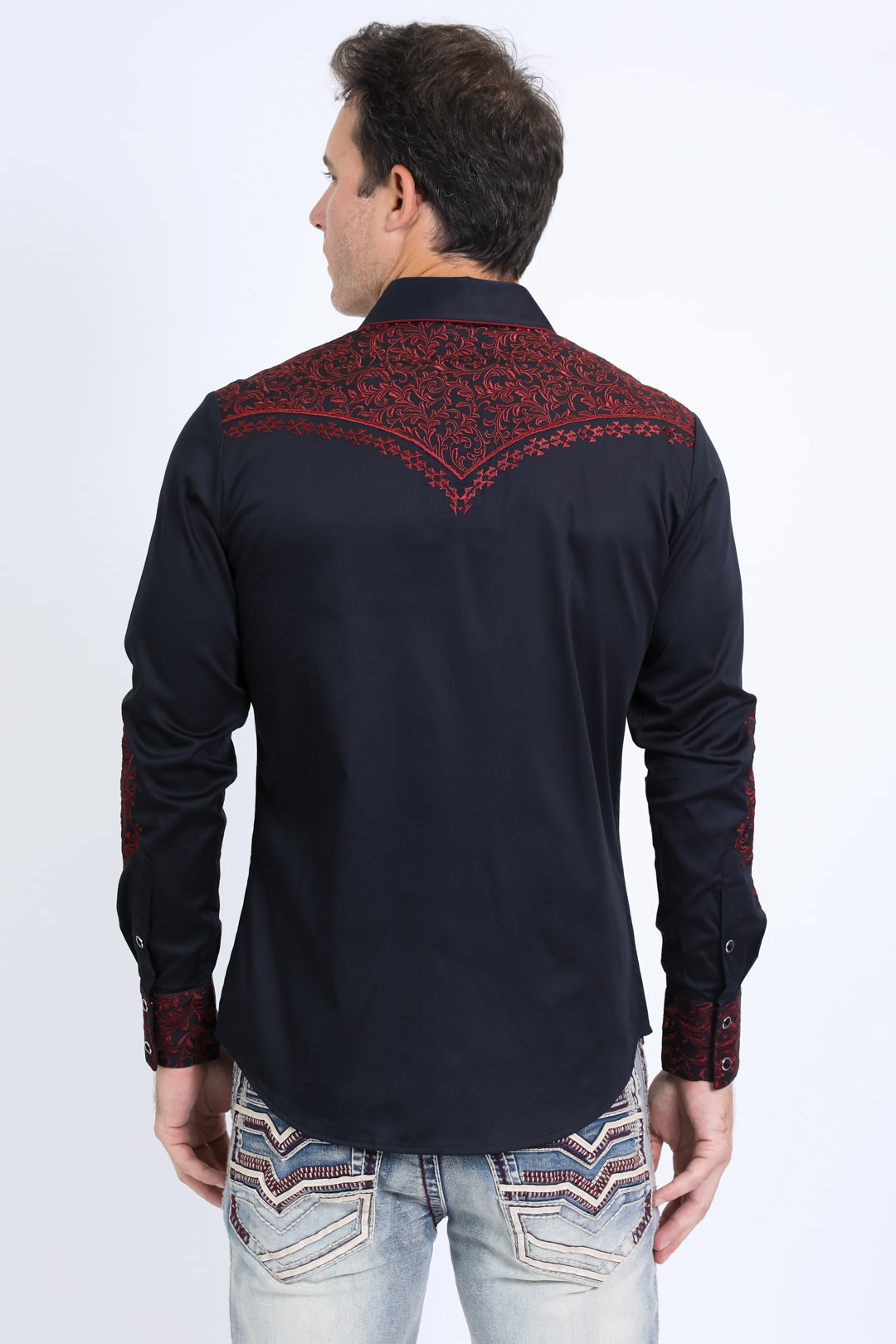 embroidered long sleeve dress shirts Men's Sardinia Embroidered Long Sleeve Pull on Linen Shirts, S / Navy with Beige EMB