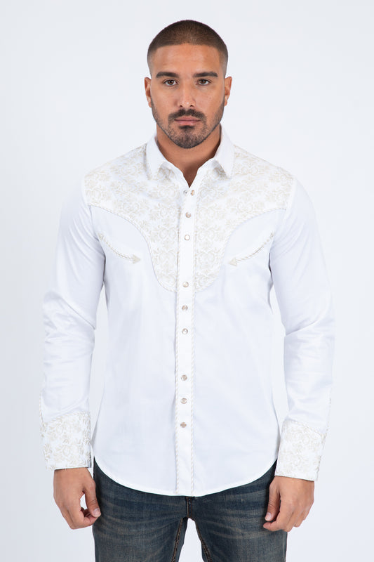 White Embroidery Modern Fit Stretch Long Sleeve Shirt Men