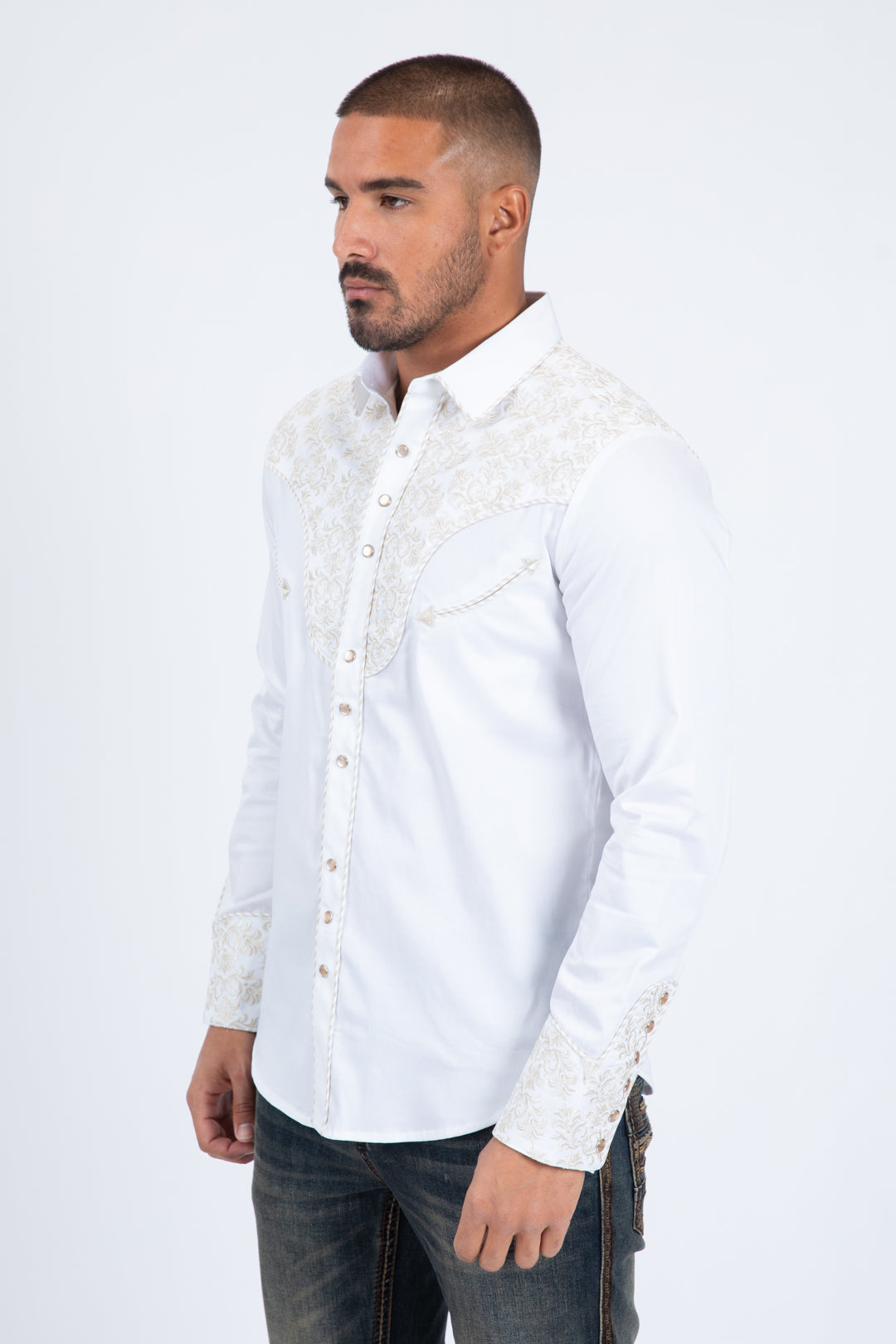 White Embroidery Modern Fit Stretch Long Sleeve Shirt Men