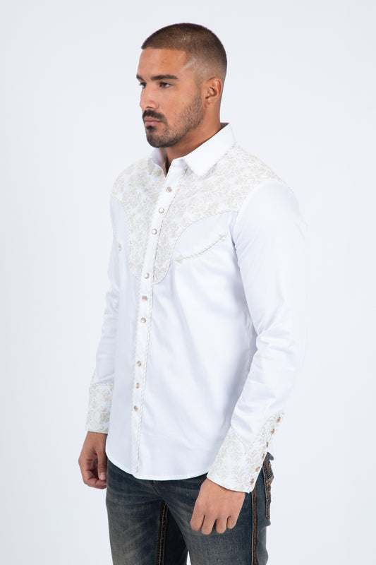 white/beige damask embroidery long sleeve shirt men platini detail-3