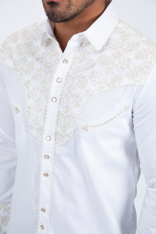 white/beige damask embroidery long sleeve shirt men platini detail