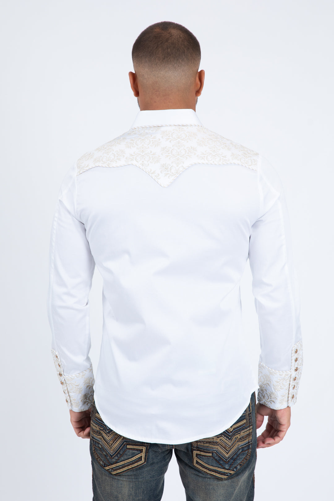 White Embroidery Modern Fit Stretch Long Sleeve Shirt Men