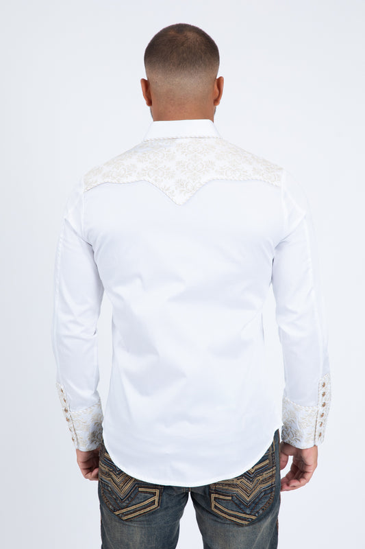 White Embroidery Modern Fit Stretch Long Sleeve Shirt Men