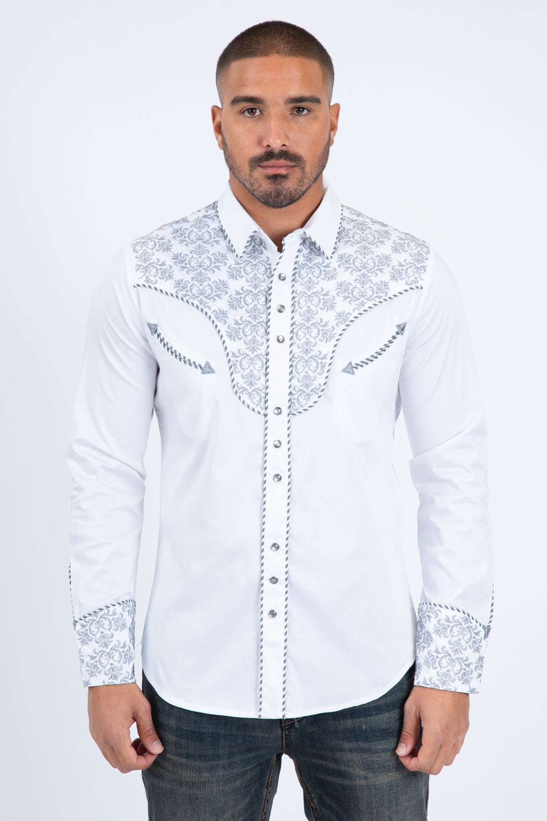 White Embroidery Modern Fit Stretch Long Sleeve Shirt Men