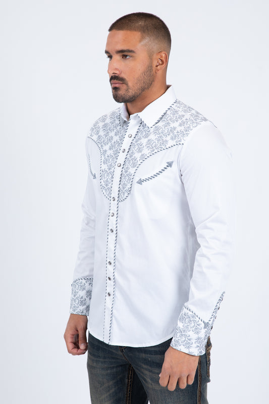 white/grey damask embroidery long sleeve shirt men platini detail-3