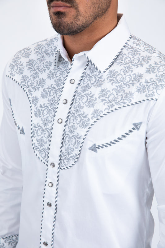 white/grey damask embroidery long sleeve shirt men platini detail