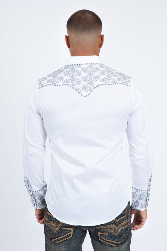 White Embroidery Modern Fit Stretch Long Sleeve Shirt Men