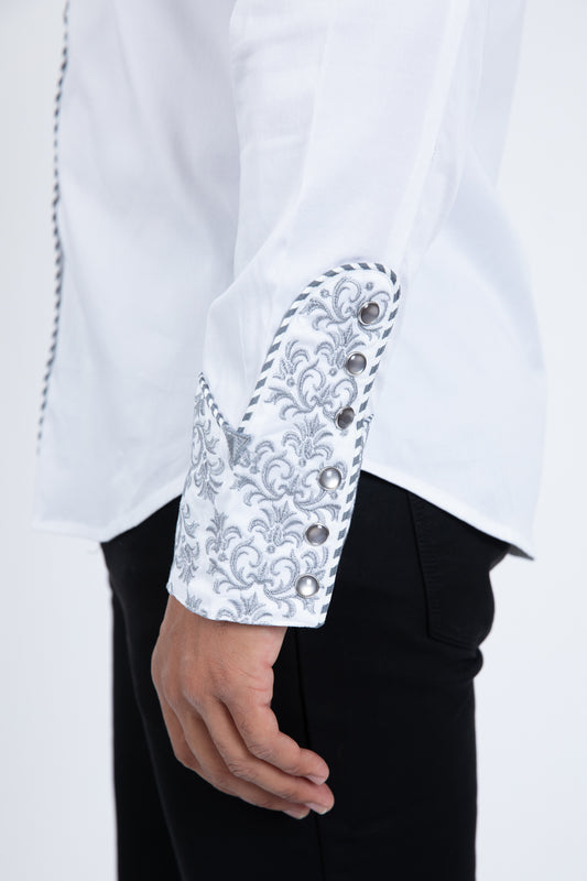white/grey damask embroidery long sleeve shirt men platini detail-2
