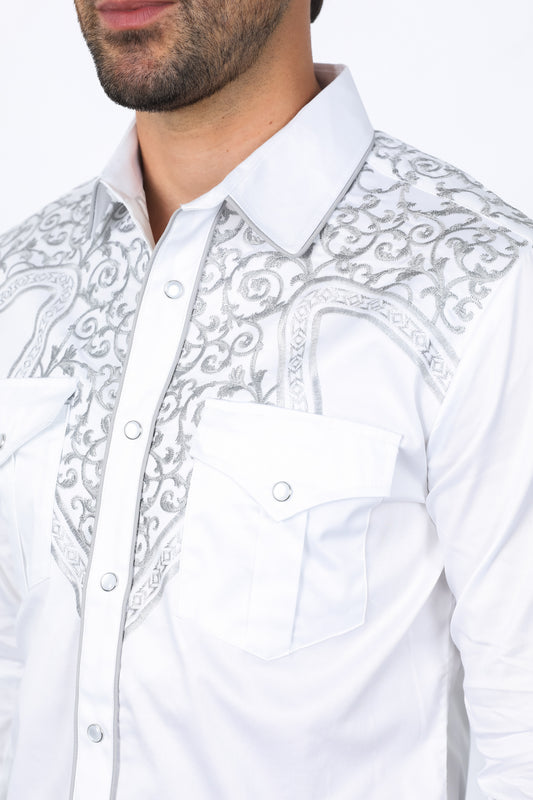white scroll embroidery long sleeve shirt platini detail
