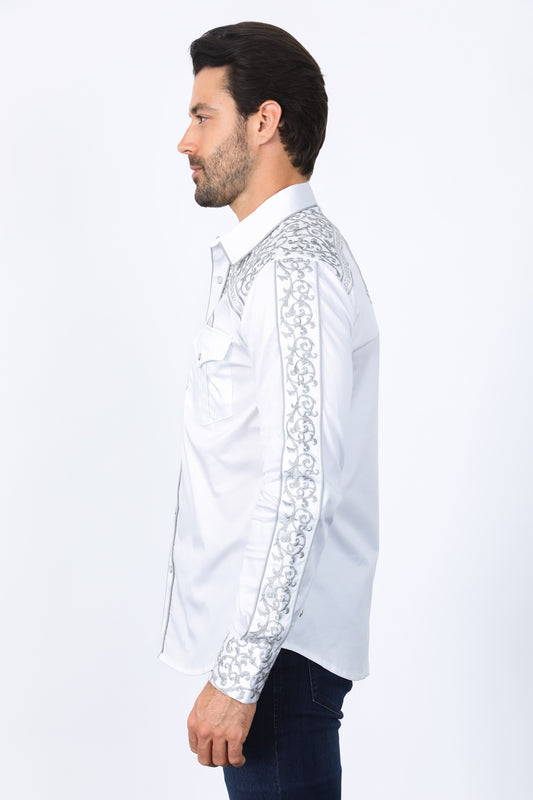 white scroll embroidery long sleeve shirt platini side