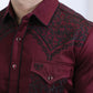 Mens Embroidery Modern Fit Stretch Wine Long Sleeve Shirt