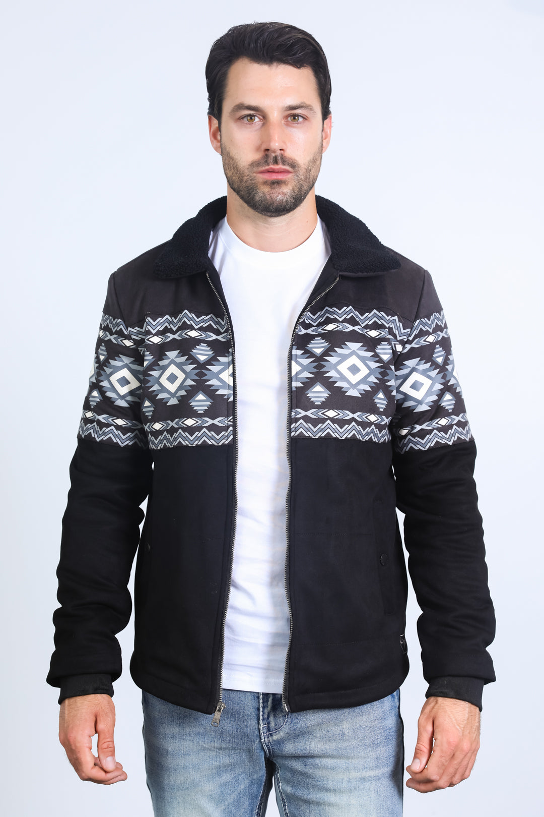 Mens Ethnic Aztec Fur Lined Quilted Suede Black Jacket – Platini