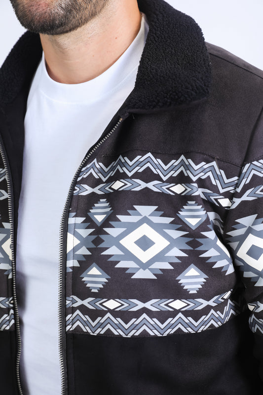 black aztec suede quilted fur-lined jacket platini detail