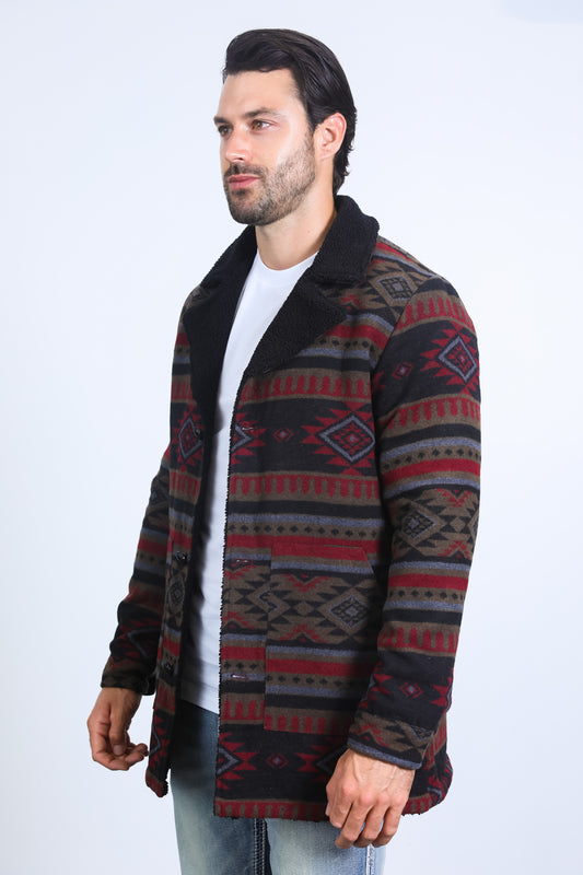 black/red aztec long twill coat platini side