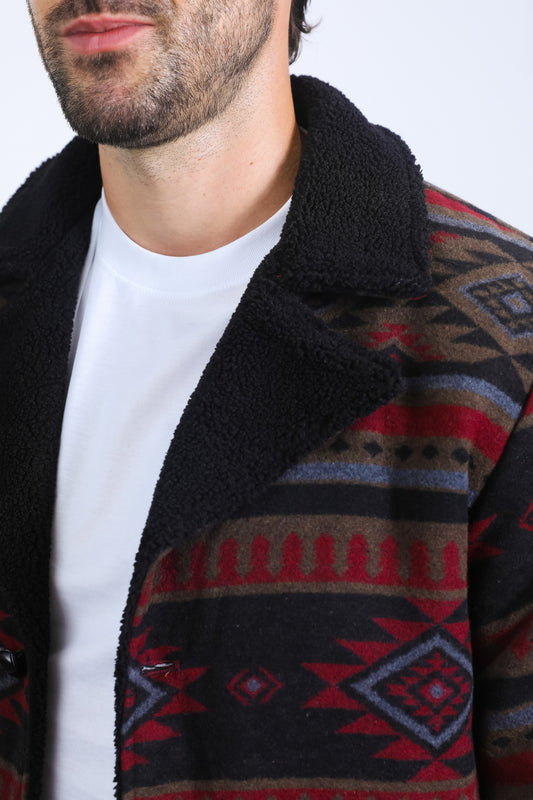 black/red aztec long twill coat platini detail