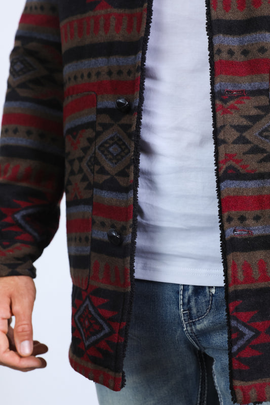 black/red aztec long twill coat platini detail