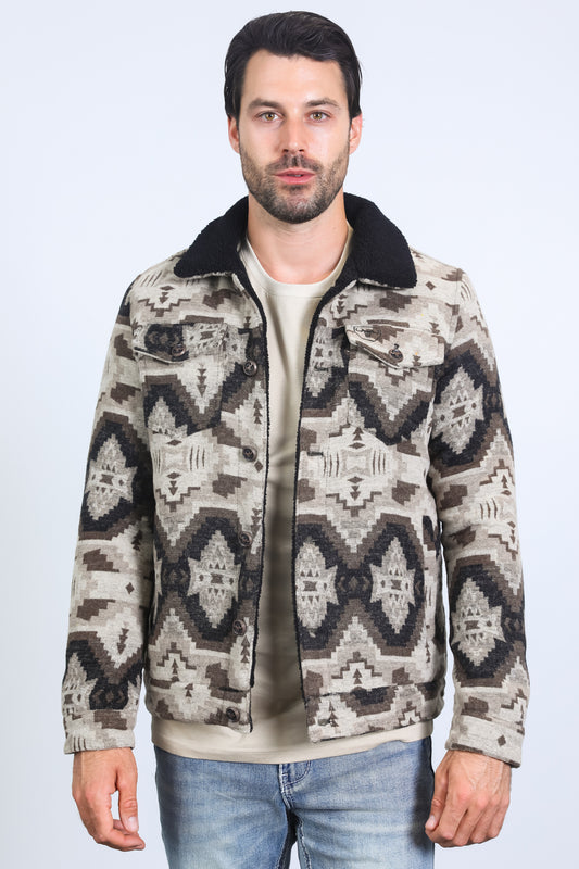 beige aztec quilted fur-lined jacket platini