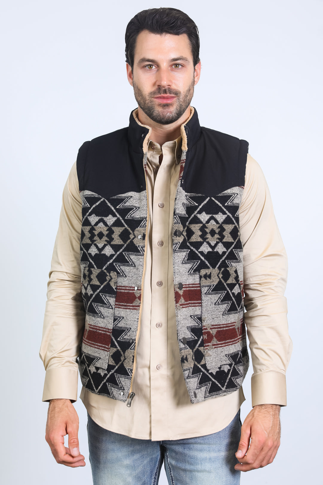 Mens Ethnic Aztec Quilted Fur Lined Black/Khaki Vest – Platini Fashion