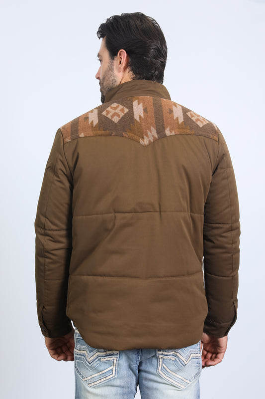 brown aztec quilted fur-lined twill jacket platini back