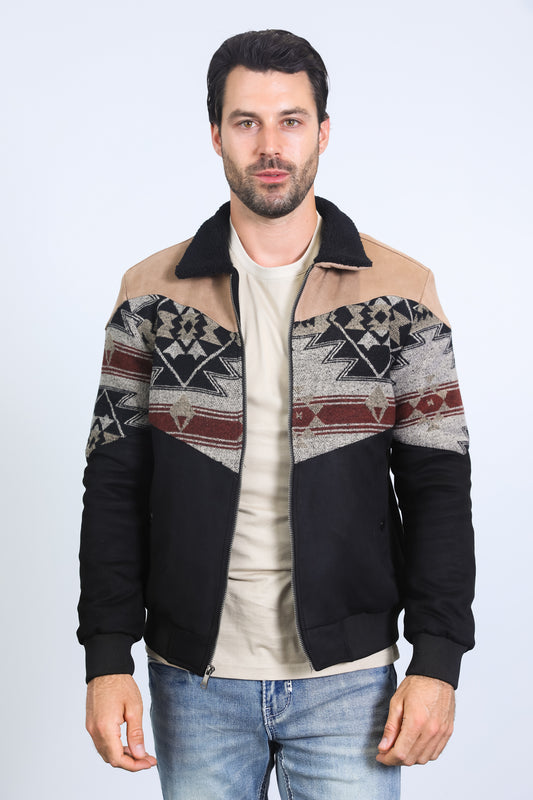 black/beige aztec quilted jacket with suede accents platini front
