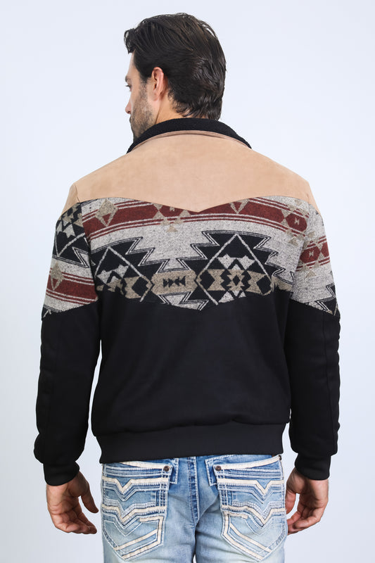 black/beige aztec quilted jacket with suede accents platini back