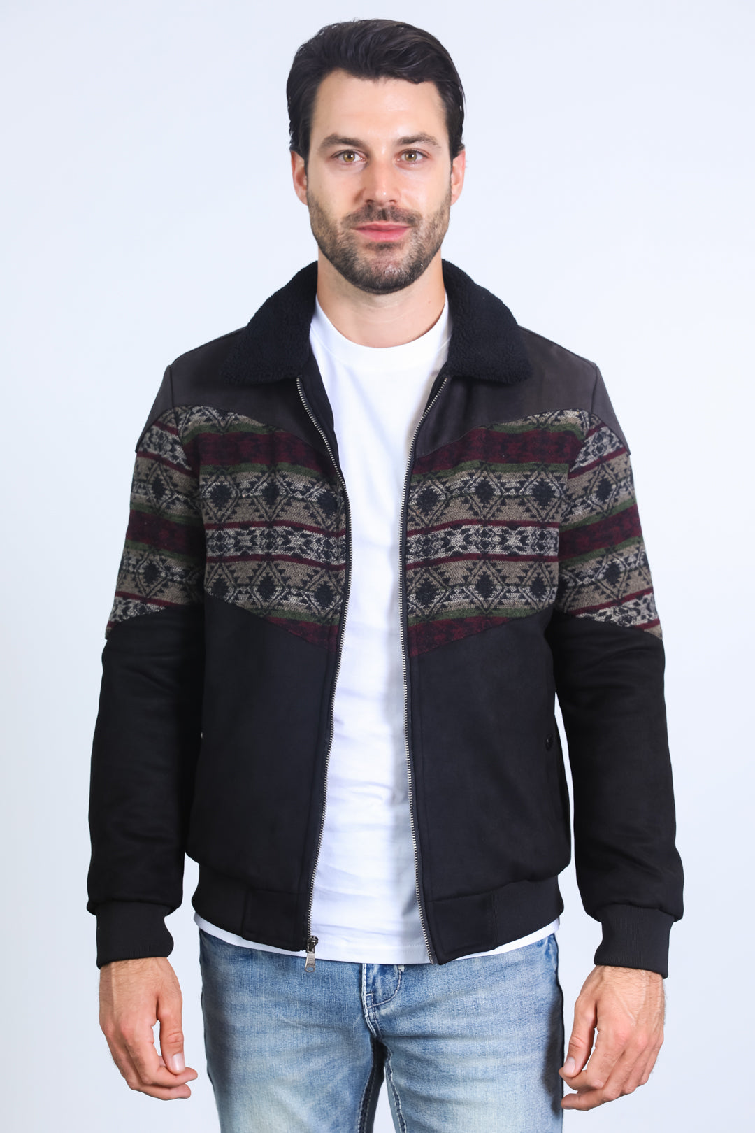 Mens Ethnic Aztec Fur Lined Quilted Suede Black Jacket – Platini