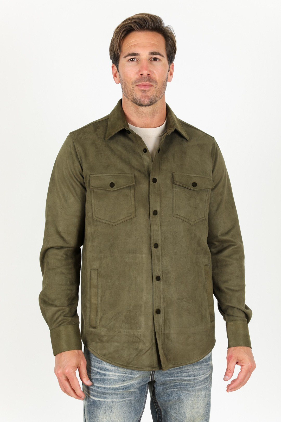 Men's Olive Faux Suede Overshirt