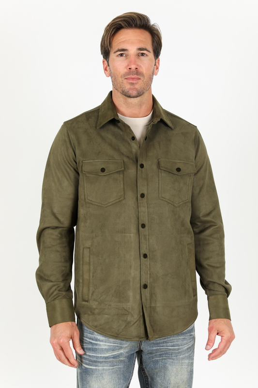 Men's Olive Faux Suede Overshirt