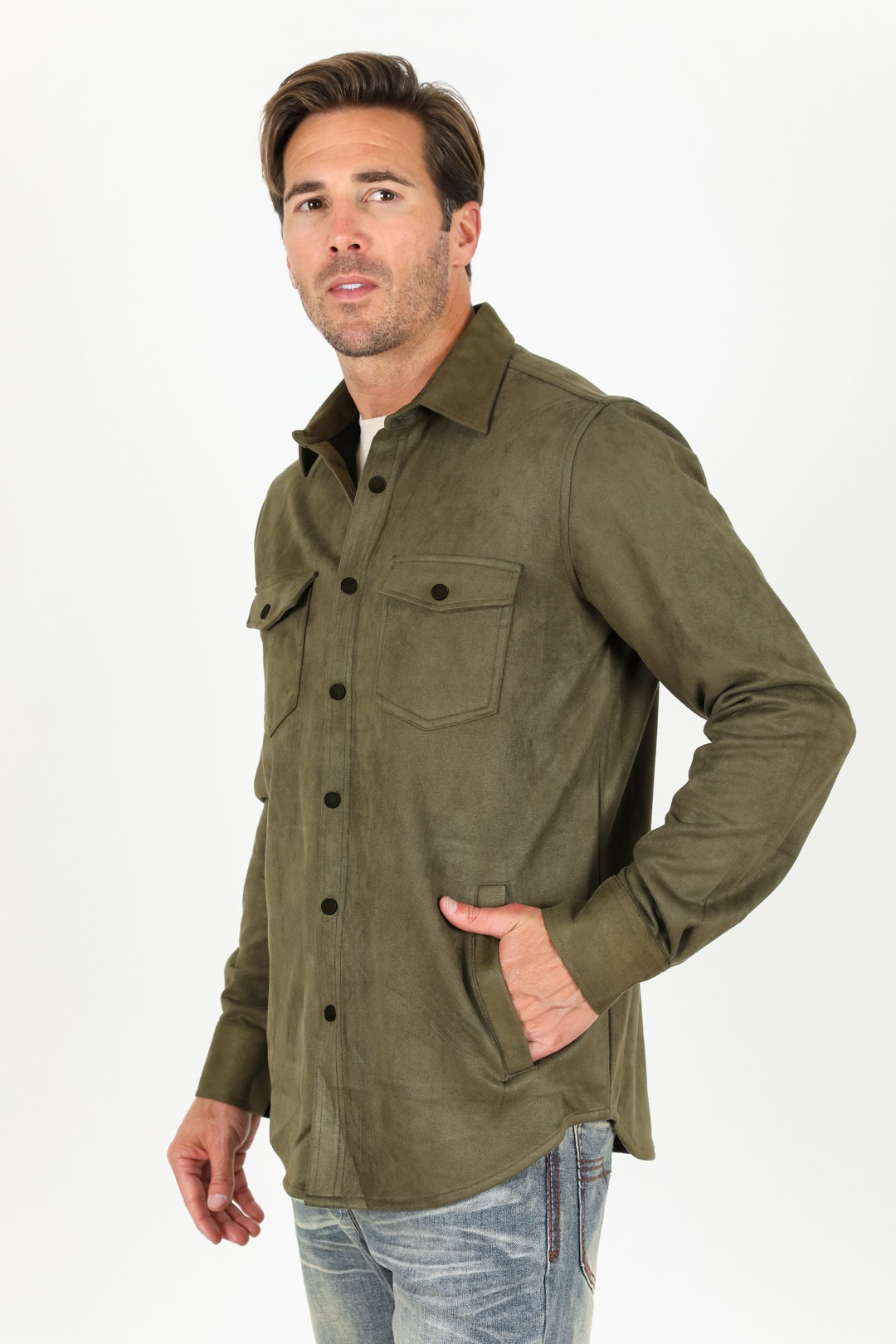 Men's Olive Faux Suede Overshirt