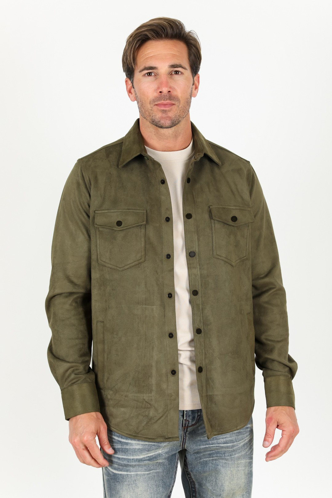 Men's Olive Faux Suede Overshirt