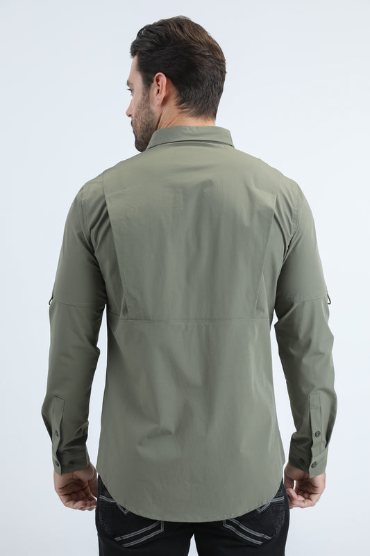 Olive Double Pocket Performance Fishing Long Sleeve Shirt Men