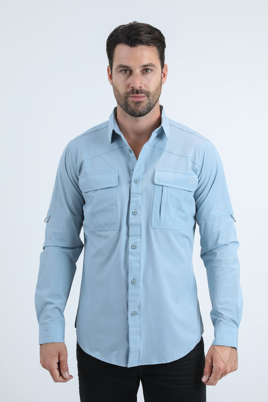 Blue Double Pocket Performance Fishing Long Sleeve Shirt Men