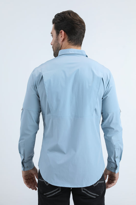 Blue Double Pocket Performance Fishing Long Sleeve Shirt Men
