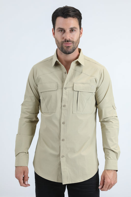 Taupe Double Pocket Performance Fishing Long Sleeve Shirt Men