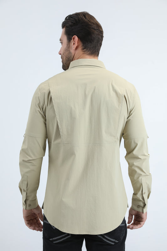 Taupe Double Pocket Performance Fishing Long Sleeve Shirt Men