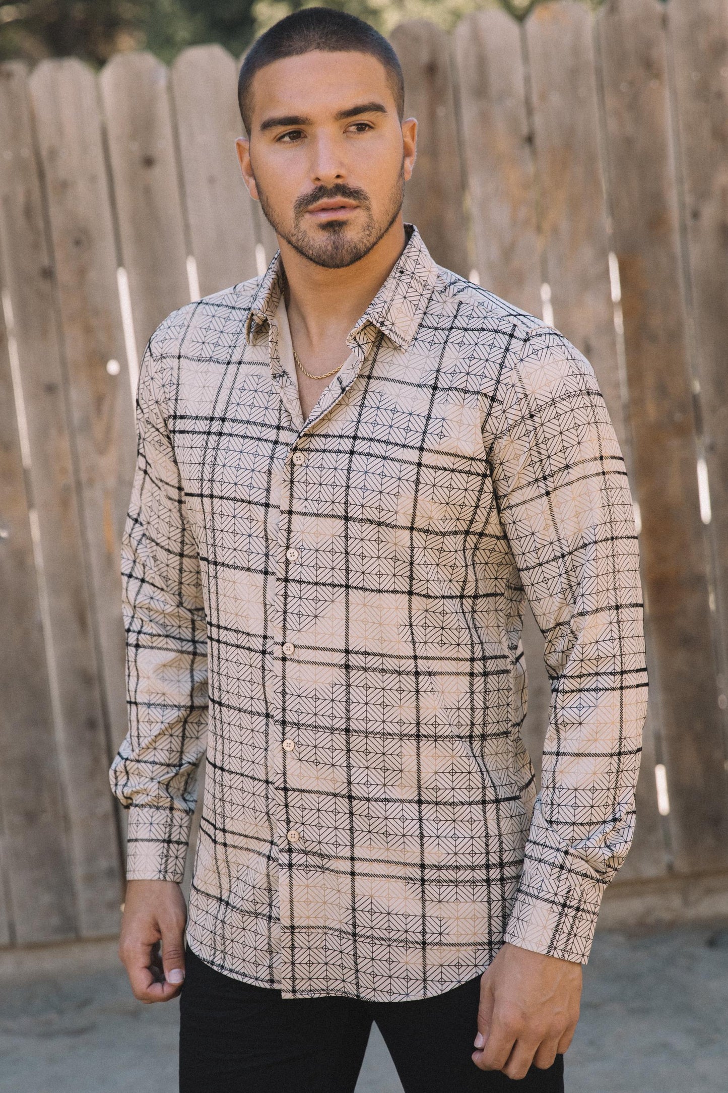 Men's Flocked Modern Fit Spandex Beige Shirt