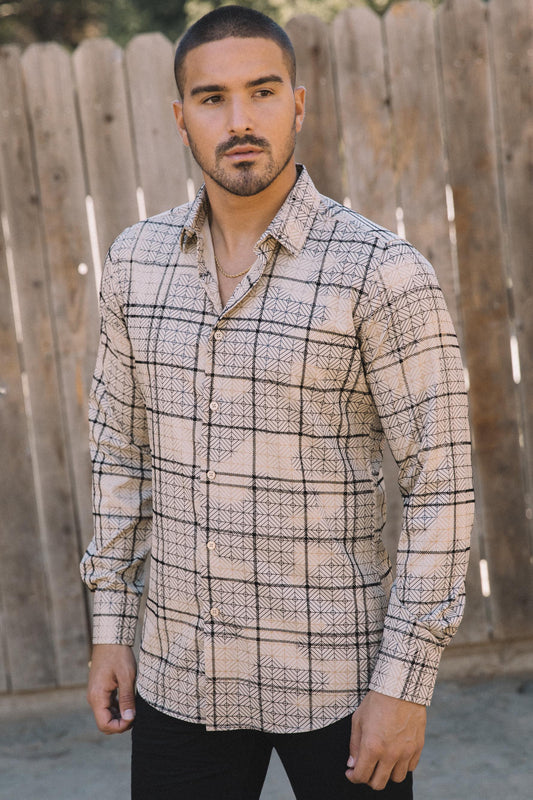 Men's Flocked Modern Fit Spandex Beige Shirt