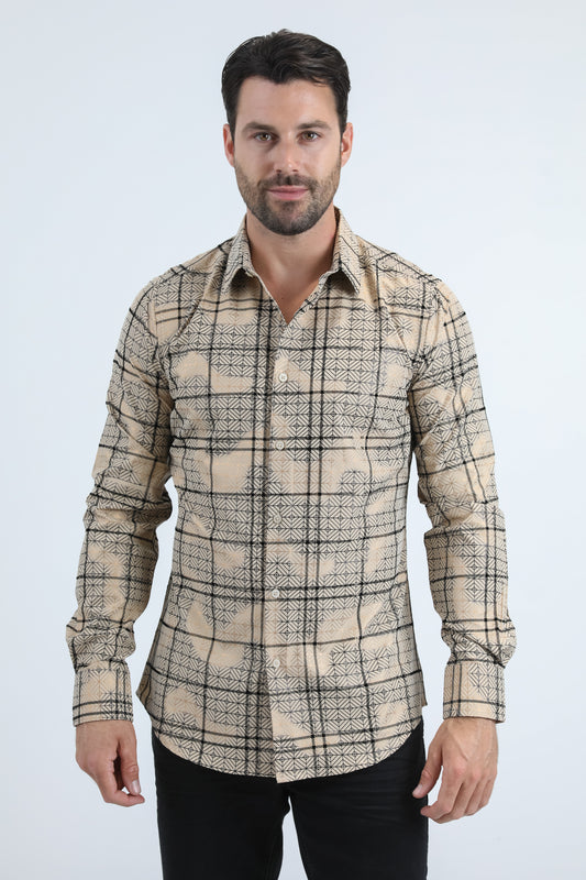 Men's Flocked Modern Fit Spandex Beige Shirt
